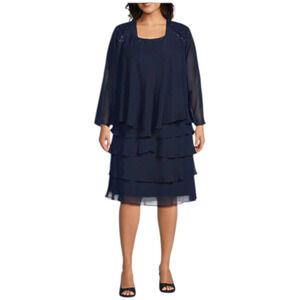 SL Fashions New York Women's Beaded Lace Chiffon 2-Piece Dress Navy - Regular